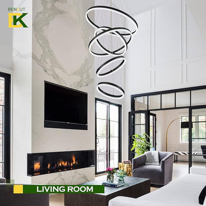 Benkut 5-Rings Modern LED Chandelier Black High Ceiling Chandelier with Remote Control Dimmable Pendant Lighting for Dining Room Foyer Living Room Entryway Staircase(3000K-6500K, D23.6in)