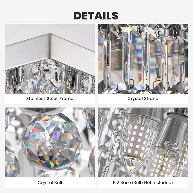 7PM Rectangle K9 Crystal Chandelier Modern Rectangular Pendant Light Fixture for Dining Room Kitchen Island Chrome L59'' x W10'' x H9''