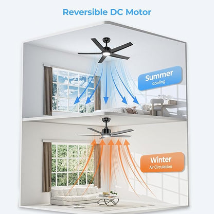 ocioc 44" Ceiling Fans with Lights, Black Ceiling Fan with LED Light and Remote, Reversible Airflow, 6 Speeds, Timer, Dimmable, Modern Ceiling Fan for Bedroom, Living Room