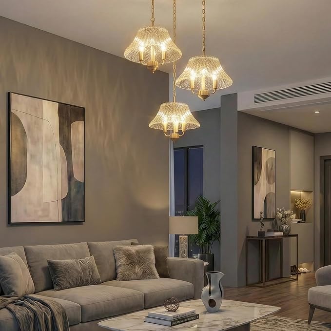 15.08 Inch Modern Large Brass Gold Clear Glass Pendant Light Fixture Bronze Hanging Lamp for Kitchen Island Ceiling Dining Table Foyer Hallway Entry E12 Base UL Socket Hardwired Lampara