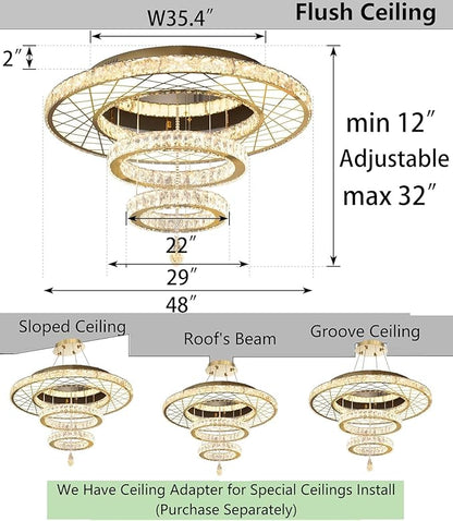 HAIXIANG 48 inch Large Size Glam Chandelier Crystal Ceiling Light for Living Room Chandeliers Lighting Fixtures with Remote Dimmable LED Light,Gold Luxury Interior Light