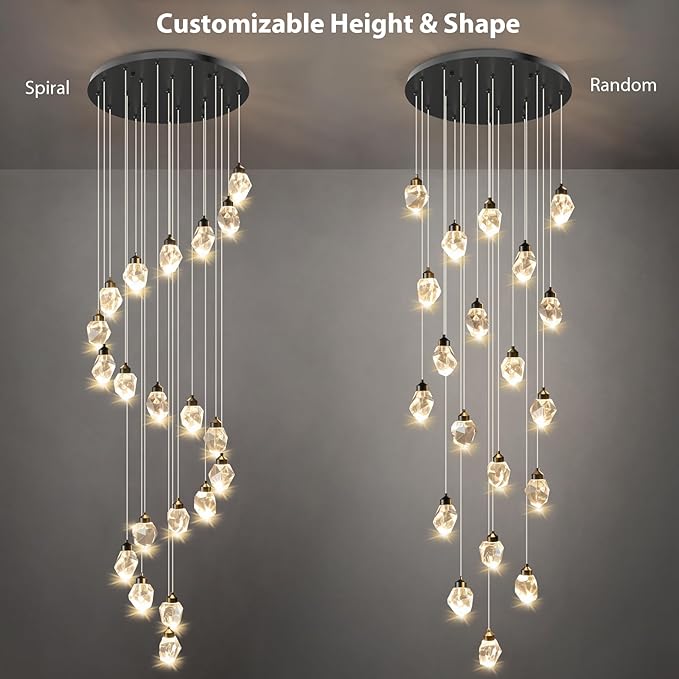 Crystal LED High Ceiling Chandelier: Remote Dimmable Long Pendant Light Fixtures - Spiral Drop Flush Mount Sloped Ceilings Modern Chandeliers For Entryway Living Room Foyer Staircase Stairs 20 Lights