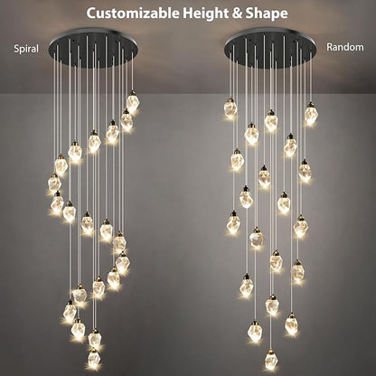 Crystal LED High Ceiling Chandelier: Remote Dimmable Long Pendant Light Fixtures - Spiral Drop Flush Mount Sloped Ceilings Modern Chandeliers For Entryway Living Room Foyer Staircase Stairs 20 Lights