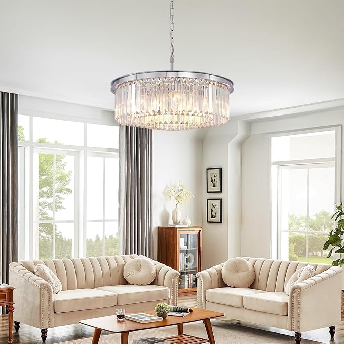 9Lights Crystal Chandelier Modern Chandeliers Lighting Pendant Ceiling Light Fixture 3-Tier for Dining Room Living Room Bedroom, Chrome Finished W24''