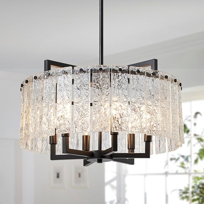 Shrine Lighting Crystal Chandeliers, Modern Luxury Style, Perfect Pendant Light Fixture for Living Space, D20'' × H4'', Adjustable 43'', 6 x E12 Sockets, Glass Shade & Black Finish Frame