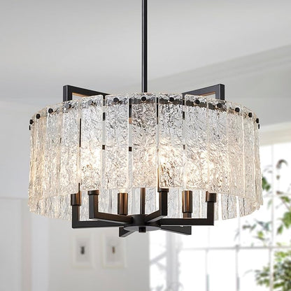 Shrine Lighting Crystal Chandeliers, Modern Luxury Style, Perfect Pendant Light Fixture for Living Space, D20'' × H4'', Adjustable 43'', 6 x E12 Sockets, Glass Shade & Black Finish Frame