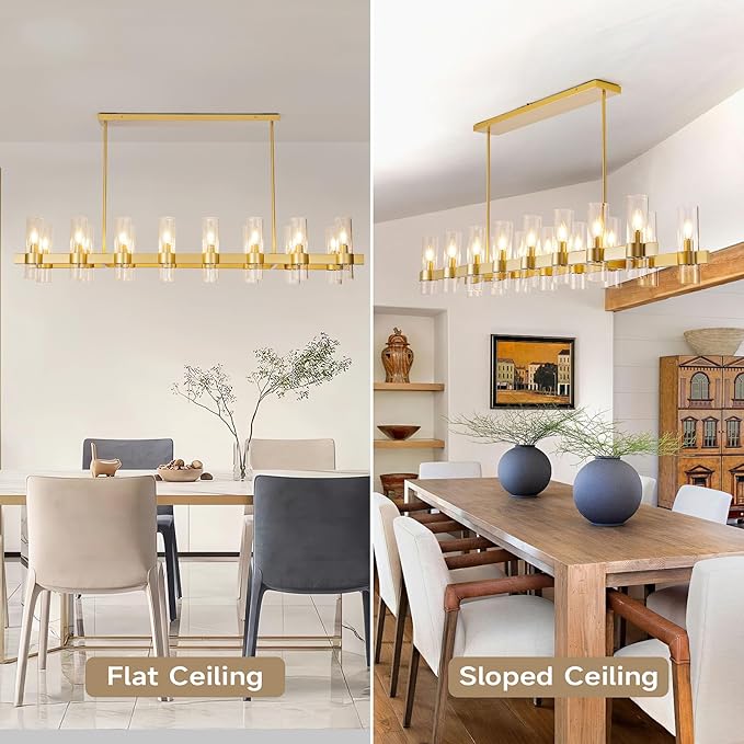 Gold Linear Chandeliers for Dining Room, 54" Rectangle Chandelier with Glass, 16-Light Modern Chandeliers Over Table, Farmhouse Chandelier for Kitchen Island, Industrial Pendant Light Fixtures