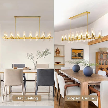 Gold Linear Chandeliers for Dining Room, 54" Rectangle Chandelier with Glass, 16-Light Modern Chandeliers Over Table, Farmhouse Chandelier for Kitchen Island, Industrial Pendant Light Fixtures
