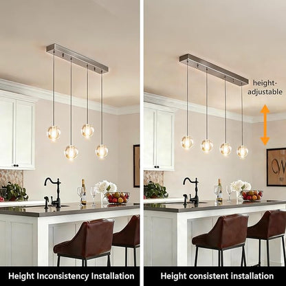 Brushed Nickel 4 Lights Rectangular Chandeliers, Bubble Light Fixture, Modern Crystal Globe Hanging Kitchen Pendant Lights Over Sink for Dining Room Kitchen Island Hallway Bedroom