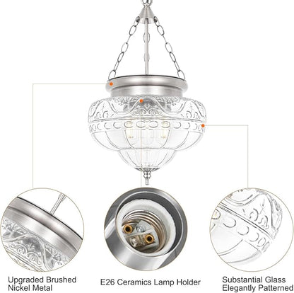 3-Light Brushed Nickel Pendant Light Fixtures with 12In Unique Thickened Glass, Vintage Pendant Lights Kitchen Island with Adjustable Chain, Hanging Light Fixtures for Entryway, E26*3