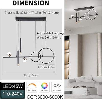 ORANOOR LED Modern Chandeliers for Dining Room, Dimmable Black Gold Chandelier Kitchen Pendant Lighting Over Island, Linear Ring Globe Pendant Light Fixtures Dining Room Lights Ceiling Hanging