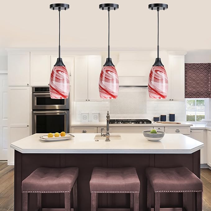 Viinew Mini Glass Pendant Light 4.72" with Handblown Burgundy Marble Art Glass Hanging Light 1-Pack Oval Ceiling Hanging Light Fixture for Dining Room Kitchen Island Cafe Foyer Hallway