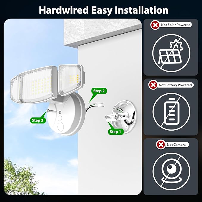 iMaihom 65W 6500LM LED Outdoor Flood Light, Switch Controlled Outdoor Security Light, 3 Adjustable Heads, IP65 Waterproof, 6500K Daylight White, Hardwired Wall Mount Light for Garage Yard Patio, White