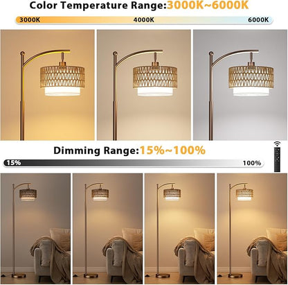 Ambimall Arc Floor Lamp for Living Room with Remote, Color Temperature & Brightness Adjustable, Boho Standing Lamp with Rattan & Fabric Double Drum Shades, Bulb Included(Brown)