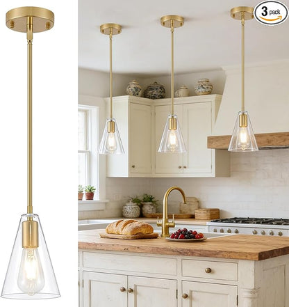 Dijiahua Gold Pendant Lights Kitchen Island 3 Pack, Modern Hanging Island Pendant Lights Over Sink with Clear Glass Shade,Small Chandeliers Adjustable Metal Tube Hanging Lighting for Table Bedroom
