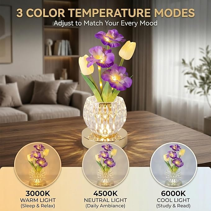 Flower Table Lamp, 3 Colors Tulip Night Light, Cordless Touch Dimming Flower with Vase Lamp, LED Desktop Decorative Landscape Lights for Festival Party Home Decor (Purple-Sakura)