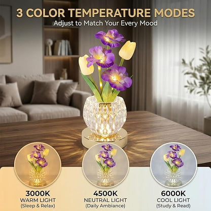 Flower Table Lamp, 3 Colors Tulip Night Light, Cordless Touch Dimming Flower with Vase Lamp, LED Desktop Decorative Landscape Lights for Festival Party Home Decor (Purple-Sakura)