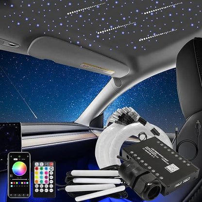 AKEPO 3in1 Fiber Optic Lights Kit APP Control Headliner Starlight, Shooting Star+Music Activated Under Dash Interior LED Light and 6W RGBW Fiber Optic Star Light, 550pcs 0.03in 13.1ft Fiber Strands