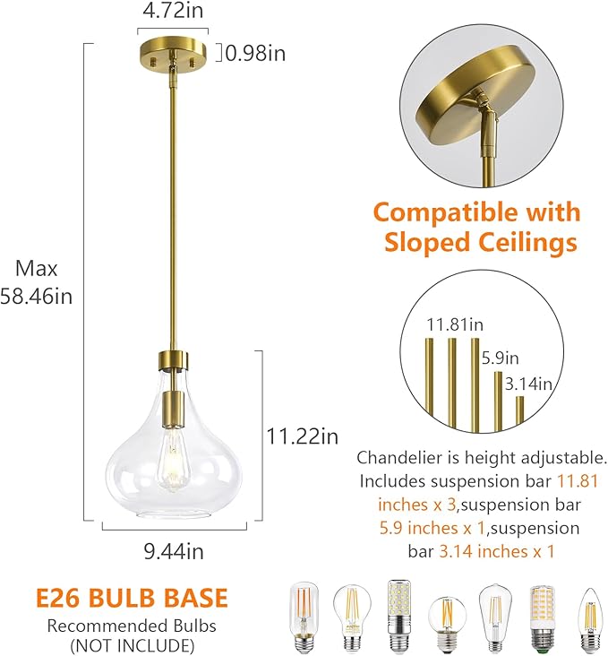 Modern Glass Pendant Light 9.44 in Clear Glass Shade Gold Farmhouse Island Pendant Lights for Kitchen Pendant Lighting Over Sink Bedroom Dining Room