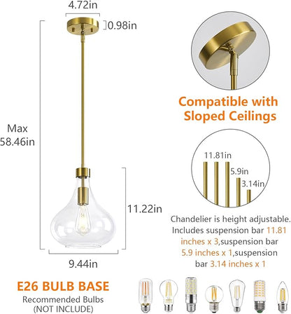 Modern Glass Pendant Light 9.44 in Clear Glass Shade Gold Farmhouse Island Pendant Lights for Kitchen Pendant Lighting Over Sink Bedroom Dining Room