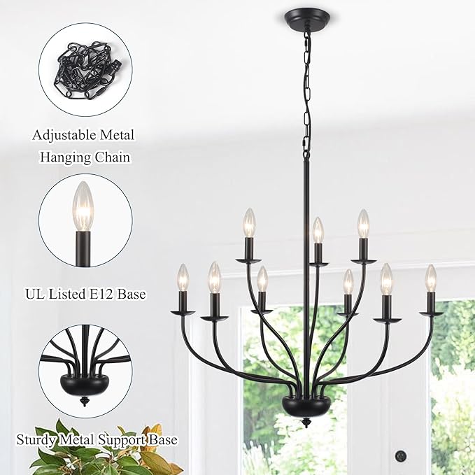 Black Farmhouse Chandelier 9-Light, 2-Tier Modern Candle Chandeliers for Dining Room Light Fixtures, Industrial Hanging Light French Country Chandelier for Bedroom Living Room Foyer Entryway