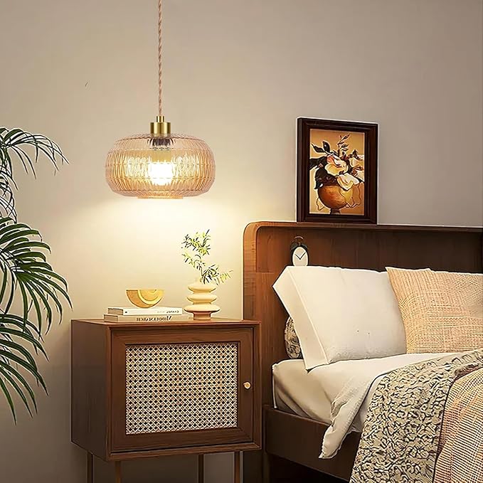 QIYIZM Plug in Pendant Light Hanging Lights with in Cord Mid Century Modern Gold Hanging Lamp Flower Glass Amber Vintage Dimmable Chandelier Ceiling Fixture for Living Room,Kitchen,Boho