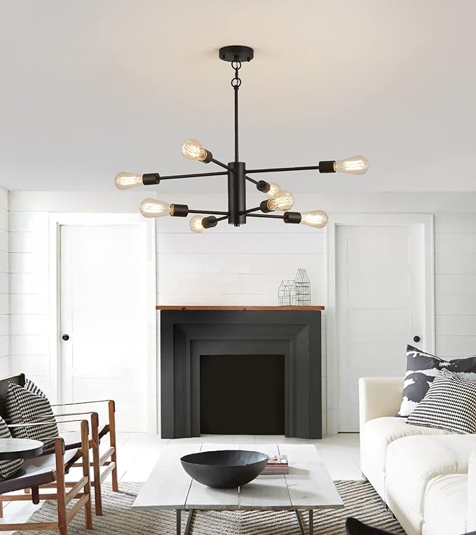 AMZASA Black Modern Sputnik Chandeliers, 8 Light Farmhouse Mid Century Pendant Light for Dining Room Living Room Kitchen Island Entryway Foyer UL Listed