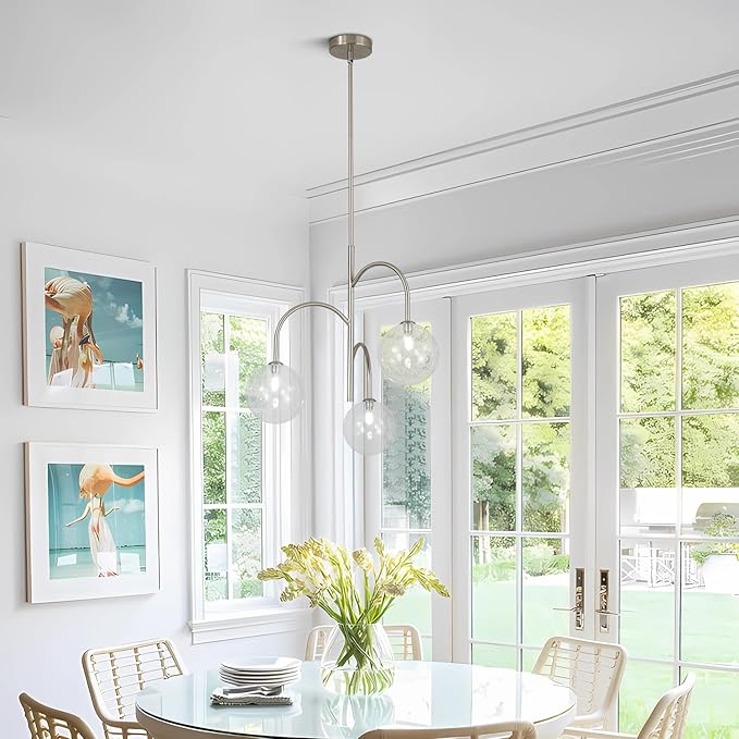 3-Light Brushed Nickel Sputnik Chandelier Modern Globe Pendant Light Fixture Bubble Glass Chandelier Lighting Contemporary Dining Room Chandelier Ceiling Light