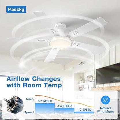 Passky Ceiling Fans with Lights, 52 inch White Flush Mount Ceiling fan with Remote Control, Low Profile Ceiling Fan for Bedroom, Farmhouse, Reversible, 3CCT, Dimmable, Noiseless DC Motor