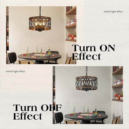 4-Light Farmhouse Drum Pendant Light,12.56'' Nature Wood Texture Vintage Rustic Chandeliers Black Metal Industrial Hanging Light Fixtures for Entryway, Bedroom Dining Room