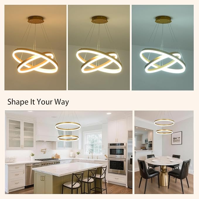 2 Rings Modern LED Chandelier Gold High Ceiling Ring Chandeliers with Remote Control Circular Pendant Light Dimmable for Dining Room Living Room Bedroom Hallway Kitchen Island 3000K-6500K