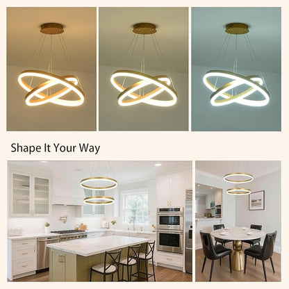 2 Rings Modern LED Chandelier Gold High Ceiling Ring Chandeliers with Remote Control Circular Pendant Light Dimmable for Dining Room Living Room Bedroom Hallway Kitchen Island 3000K-6500K