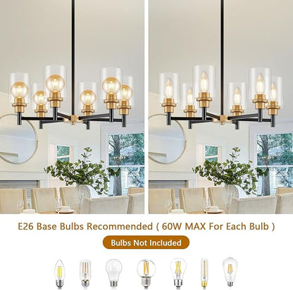 6-Light Modern Chandeliers, Black and Gold Chandelier Light Fixture with Clear Glass Shades, Hanging Pendant Lighting for Dining Room, Living Room, Kitchen, Staircase, Entryway
