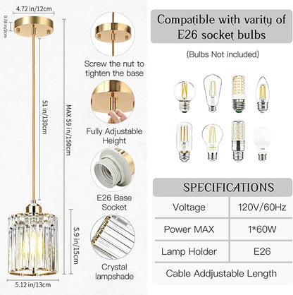 3 Pack Gold Pendant Light, Elegant Modern Island Lights for Kitchen with Crystal Glass – Luxury Mini Pendant Light for Kitchen Island, Dining Table, Entryway, Restaurant