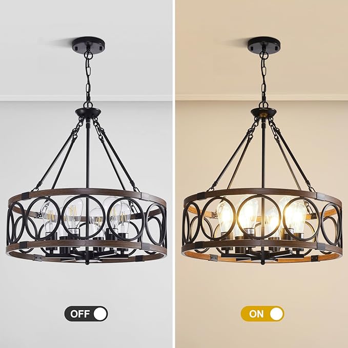 21'' Farmhouse Chandelier, 6-Light Walnut Wood Grain Dining Room Light Fixture Over Table, Rustic Industrial Drum Hanging Pendant Lights Fixture for Kitchen Island Bedroom Hallway Foyer Entryway