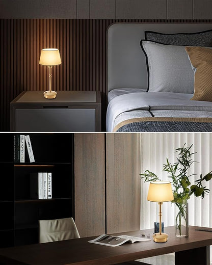 UMEXUS Cordless Lamp Rechargeable Table Lamps, 5000mAh Battery Operated Lights, 3 Level Brightness Dimmable, Portable Night Bedside Light for Patio, Restaurant, Dining, Fabric Shade, Antique Brass