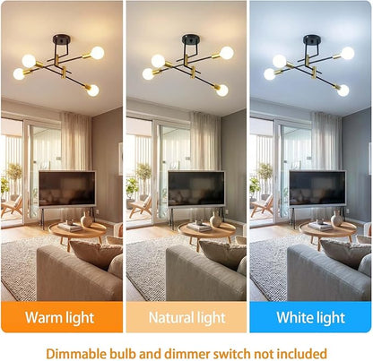 Modern Sputnik Chandelier 4-Light Adjustable Ceiling Light Fixture Semi Flush Mount Ceiling Lamp with E26 Base Industrial Ceiling Light for Dining Room Bedroom Living Room Black and Gold