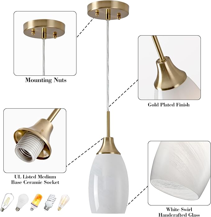 Viinew Mini Glass Pendant Light 3-Pack Handblown Art White Swirl Oval Hanging Pendant Lamp 4.72" Glass Chandelier for Kitchen Island Dining Room Living Foyer Hallway Entry Brushed Gold Finish
