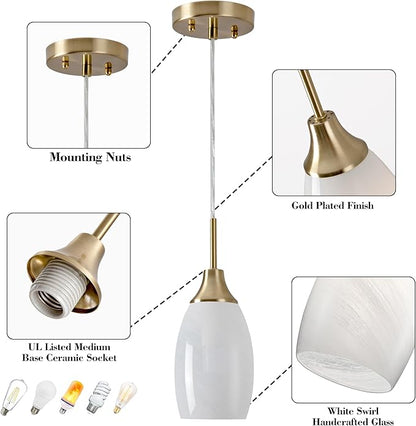 Viinew Mini Glass Pendant Light 3-Pack Handblown Art White Swirl Oval Hanging Pendant Lamp 4.72" Glass Chandelier for Kitchen Island Dining Room Living Foyer Hallway Entry Brushed Gold Finish