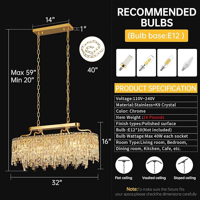 Gold Crystal Chandelier | Modern Luxury Oval-Shaped Chandeliers for Dining Room Light Fixture, 32" 10-Light Crystal Ceiling Lighting Fixture for Dining Room Kitchen Island Bar