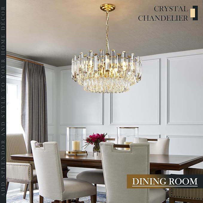 Gold Crystal Chandelier 23.6" Modern Crystal Pendant Light 3-Tier12-Light Ceiling Pendant Light Fixture for Dinning Room Living Room Foyer