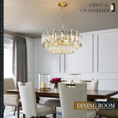 Gold Crystal Chandelier 23.6" Modern Crystal Pendant Light 3-Tier12-Light Ceiling Pendant Light Fixture for Dinning Room Living Room Foyer