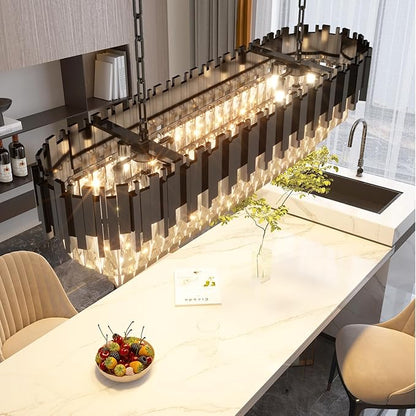 40" Black Rectangular Crystal Chandelier for Dining Room, 10-Light Luxury Crystal Raindrop Chandeliers, Adjustable Height Chandelier for Staircase, Living Room, Foyer