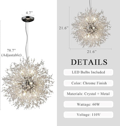 Modern Farmhouse Chandelier, Sputnik 12-Light Crystal Hanging Light, Round Firework Dandelion Pendant Lights for Living Room Bedroom Dining Room Kitchen Island Entryway (Chrome, D21.6inch)