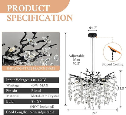 Benkut Black Tree Branch Crystal Chandelier 23.6" Modern Crystal Raindrop Chandeliers 8-Light Luxury Brach Chandelier for Dining Room Kitchen Bedroom Living Room