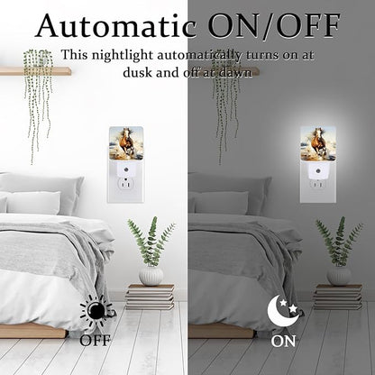 Watercolor Horse Night Light, Plug-into Wall Wild Farm Animal Nightlight Lamp with Dusk to Dawn Sensor, Led Lamp 0.5W Energy Efficient for Boys Girls Adults Home Decor