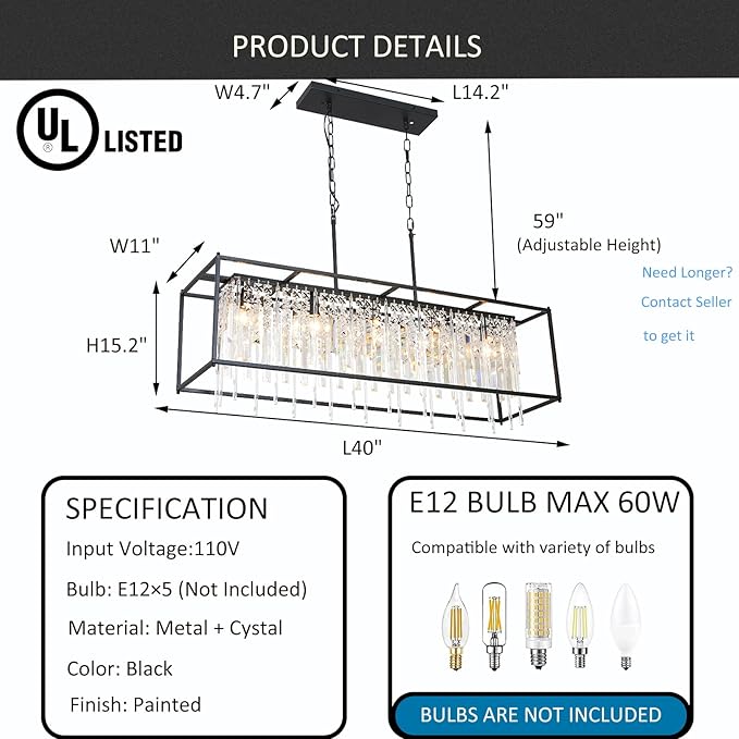 Modern Rectangle Black Crystal Chandeliers for Dining Room, 40" Rectangular Farmhouse Chandelier Top K9 Crystal Linear Light Fixture Lighting for Kitchen Island, Living Room L40xW12xH11