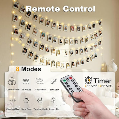 suddus 16ft 50 LED Fairy Lights with Clips for Pictures, Photo Lights with Remote USB Powered & Battery Operated with 22 Clear Clips, String Lights for Party, Bedroom, Decoration, Warm White