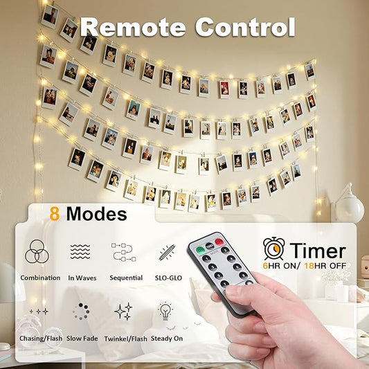 suddus 16ft 50 LED Fairy Lights with Clips for Pictures, Photo Lights with Remote USB Powered & Battery Operated with 22 Clear Clips, String Lights for Party, Bedroom, Decoration, Warm White