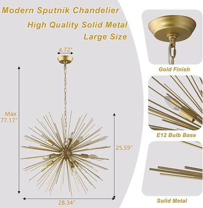 Modern 28.34" Gold Sputnik Chandelier 9-Light Mid-Century Starburst Chandeliers Solid Metal Satellite Firework Urchin Light Fixture for High Ceilings Dining Room Kitchen Living Room, E12